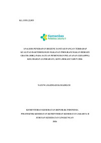 Image of Analisis Penerapan Higiene Sanitasi Pangan Terhadap Kualitas Bakteriologis Makanan Program Makan Bergizi Gratis (MBG) Pada Satuan Pemenuhan Pelayanan Gizi (SPPG) Kelurahan Jatirahayu, Kota Bekasi Tahun 2026
